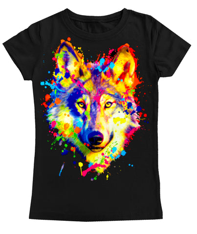 Neon Splatter Wolf GIRLS Fitted Tee, Black (Toddler, Youth, Adult)