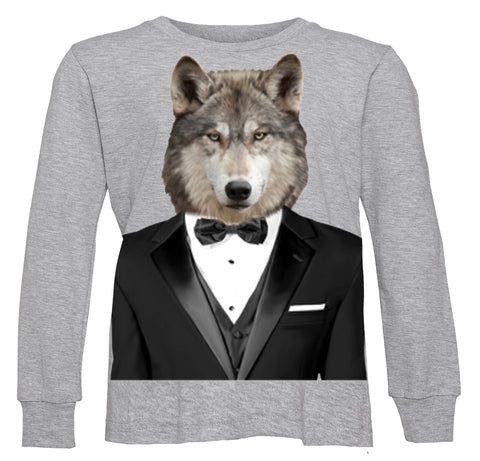 Wolf Tuxedo Long Sleeve Shirt, Heather  (Infant, Toddler, Youth, Adult)