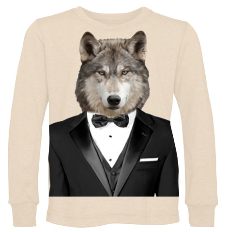 Wolf Tuxedo Long Sleeve Shirt, Natural  (Infant, Toddler, Youth, Adult)