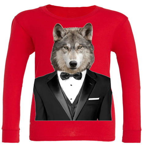 Wolf Tuxedo Long Sleeve Shirt, Red  (Infant, Toddler, Youth, Adult)