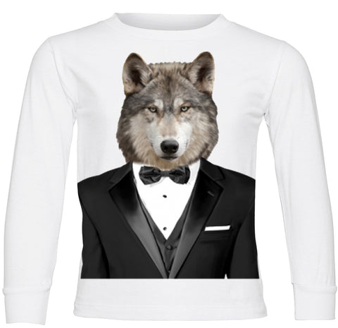 Wolf Tuxedo Long Sleeve Shirt, White  (Infant, Toddler, Youth, Adult)